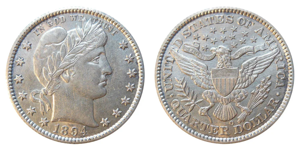 1894 Barber Quarter obverse and reverse showing Liberty head design and eagle reverse with mint mark location