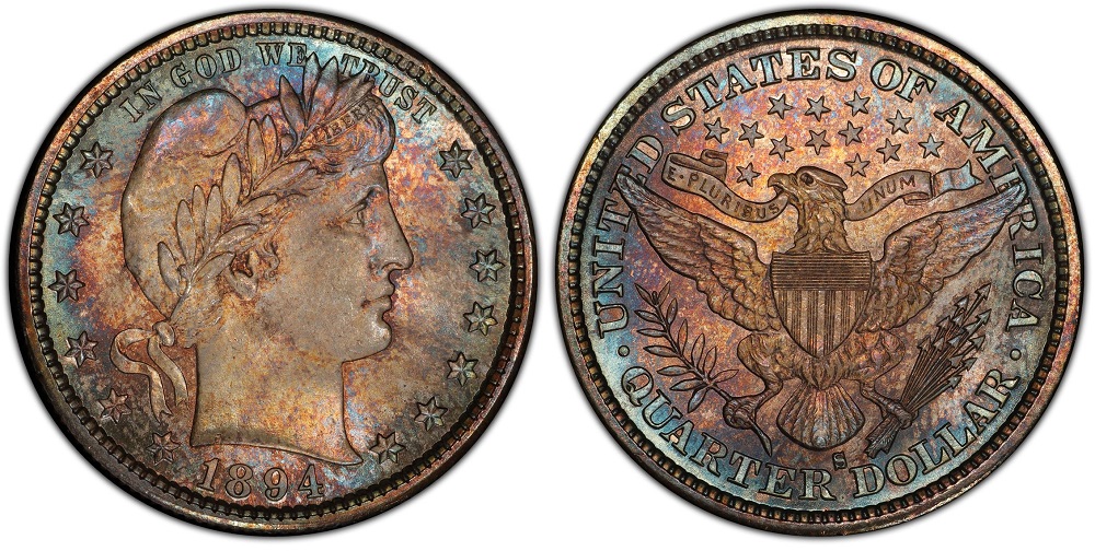 Side-by-side comparison of 1894-O and 1894-S Barber quarter reverses showing mint mark differences below the eagle