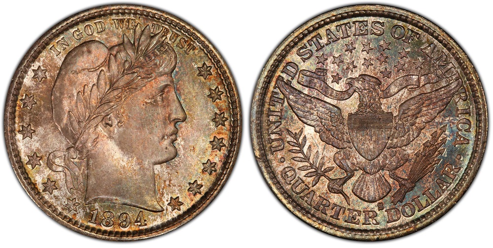 1894-S Barber quarter reverse close-up showing the S mint mark below the eagle
