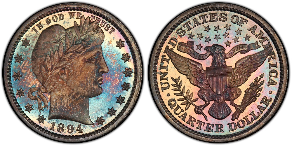 1894 Proof Barber quarter obverse showing deep mirror fields and frosted Liberty bust with cameo contrast