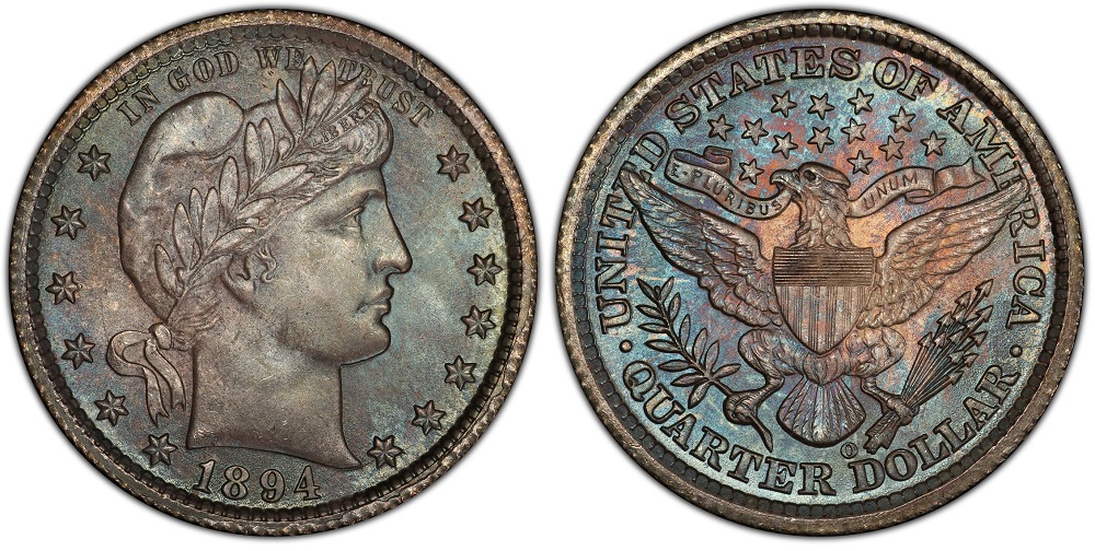 1894-O Barber quarter reverse macro close-up showing the shifted O mint mark positioned far right between QUARTER DOLLAR letters