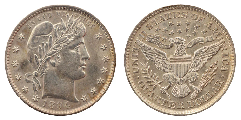1894 Philadelphia Barber quarter obverse date close-up showing repunched date variety with secondary digit impressions visible