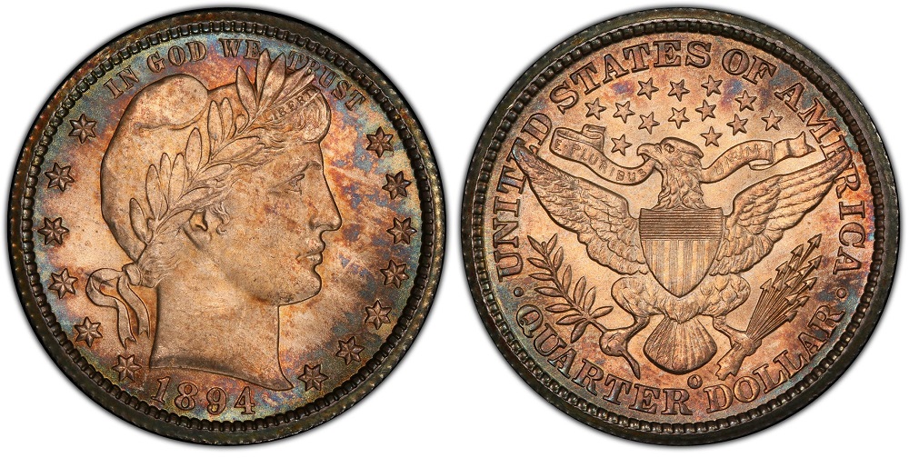 Group of 1894 Barber quarters showing different states of preservation from worn to uncirculated, or historical Philadelphia Mint building photograph