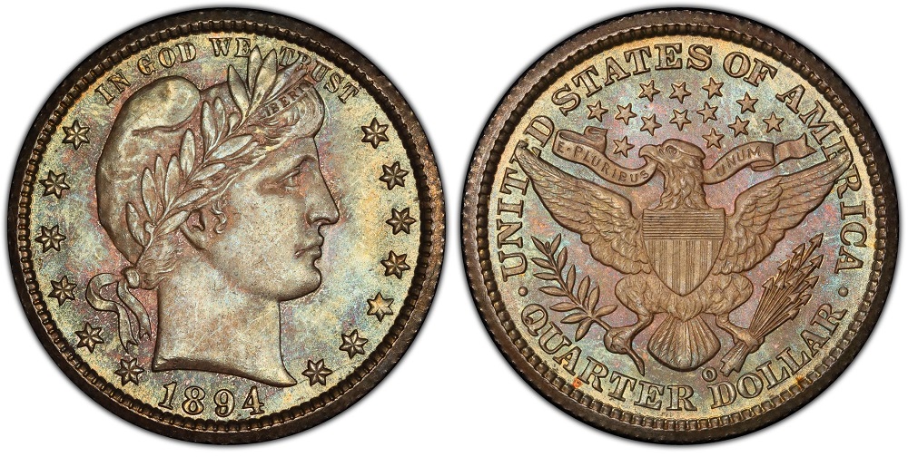 1894 Barber quarter grading strip showing four coins from worn Good condition through Fine, Extremely Fine, and Uncirculated Mint State